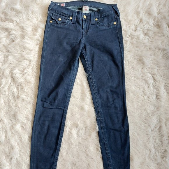 True Religion Women's Dark Wash Low-Rise Misty Flat Pockets Skinny Jeans Siz 27 - Picture 2 of 11